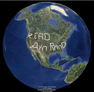 Google Earth with GPS markers spelling out "Read Ayn Rand".
