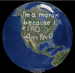 Google Earth image corrected to read "I'm a moron because I read Ayn Rand".